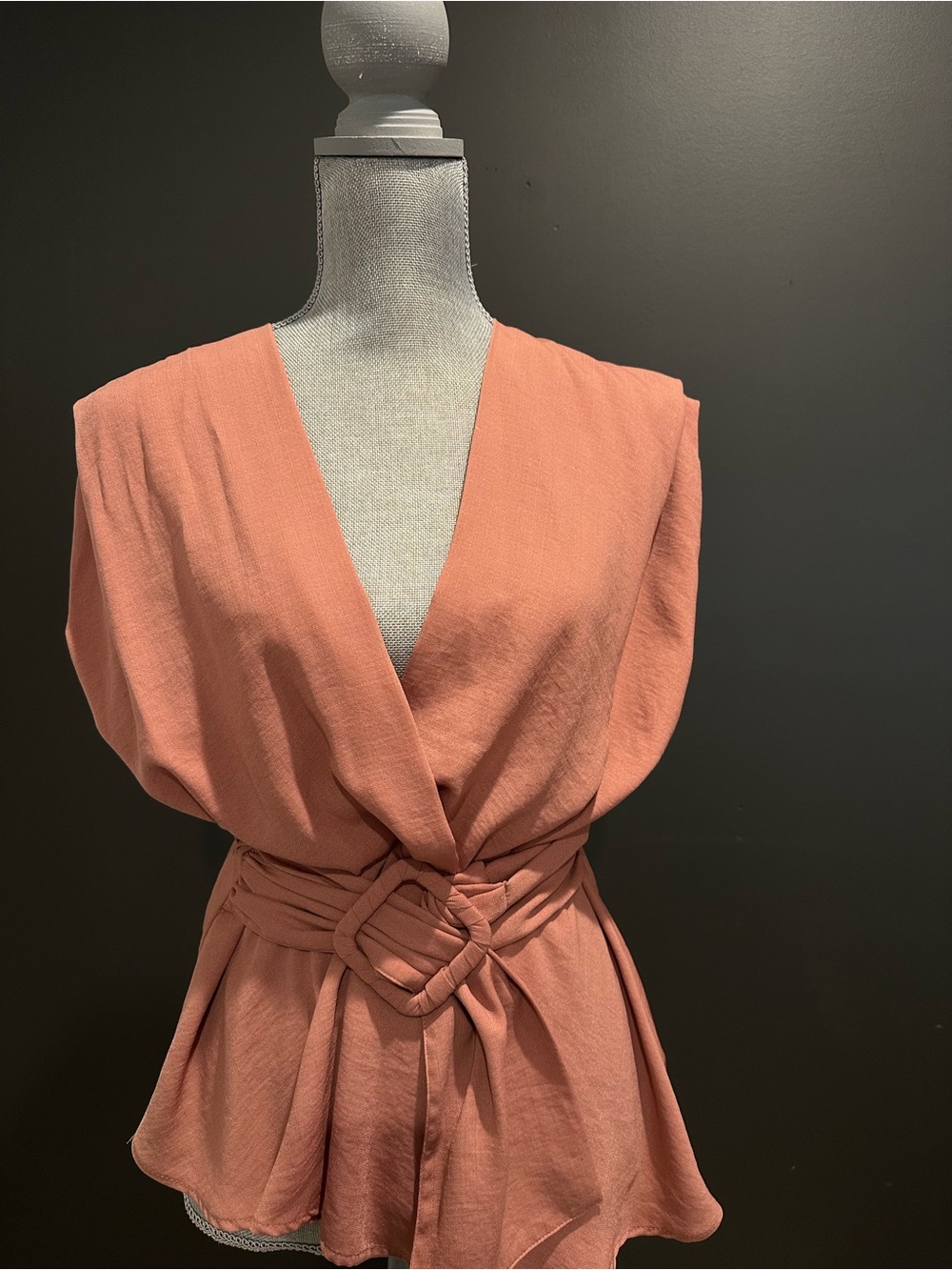 Zara Sleeveless V-Neck Belted Coral-Peach Top